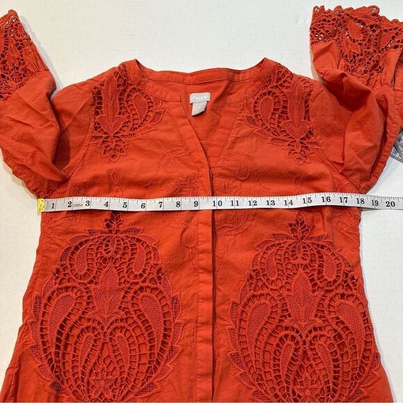 Chico’s Orange Button Up Shirt Lace Accent Bell Sleeve Size 0 US Size 4/6 - Picture 12 of 13